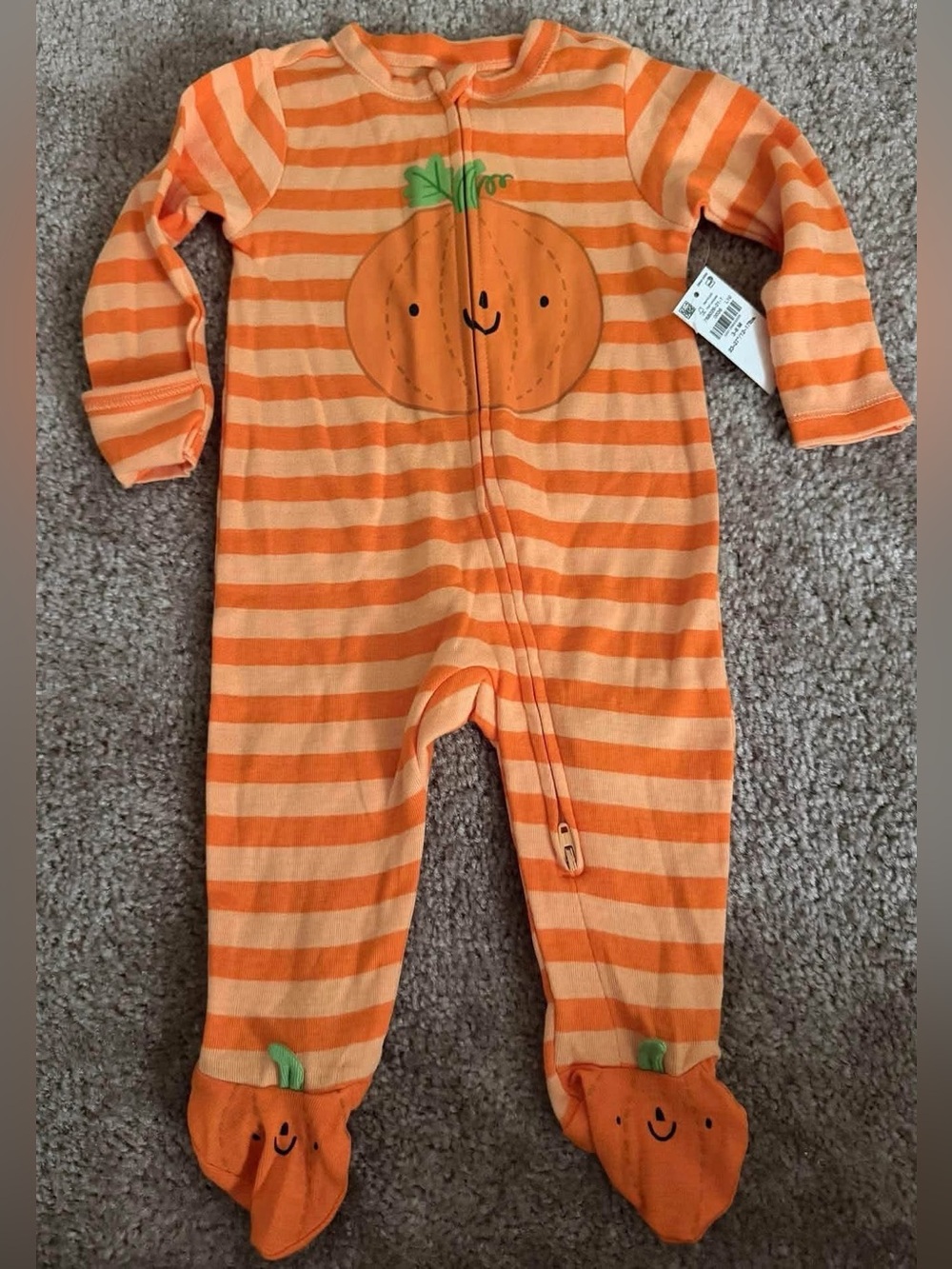 Baby Orange Striped Pumpkin One-Piece Footed Pajamas 3/6 months